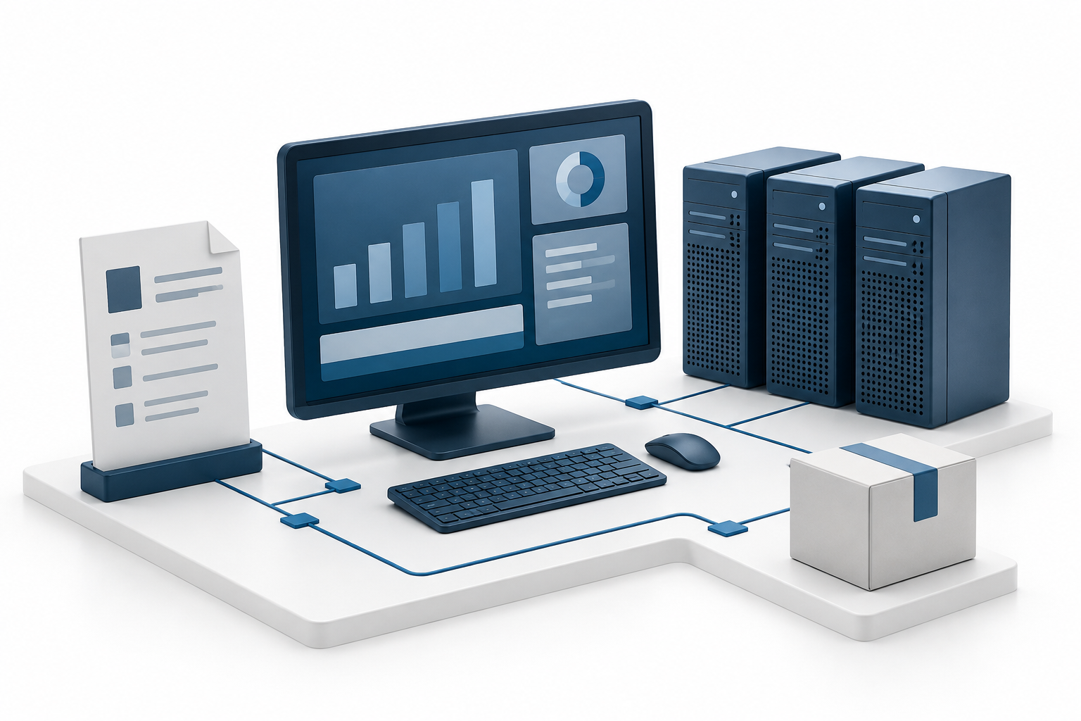 Illustration of a connected business system: a dashboard display, an order document, server modules and a stock package linked by circuit paths.